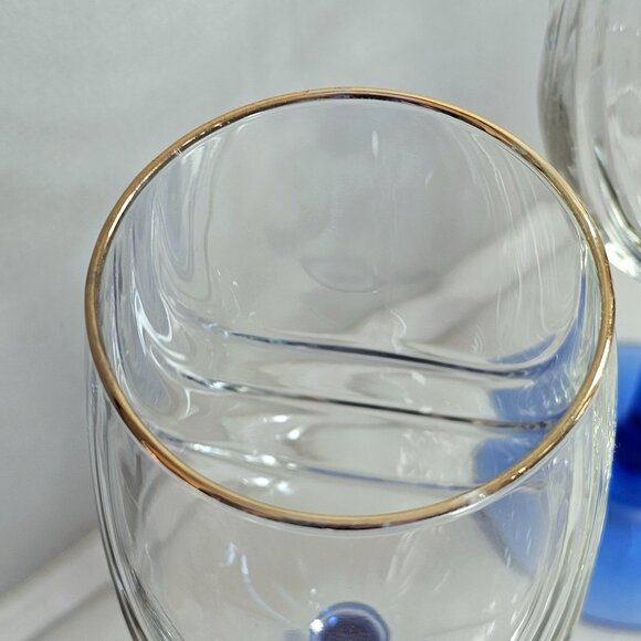 2 Libbey Crystal Blue Water Wine Glasses 8" Cobalt swag optic vintage gold trim - Picture 8 of 8